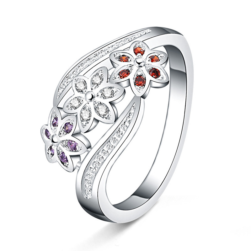 Silver Ring Set With Zirconium Diamonds Beautiful Tricolor