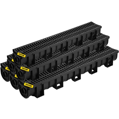 VEVOR Trench Drain System, Channel Drain With Plastic Grate, 5.9x5.1-Inch HDPE Drainage Trench, Black Plastic Garage Floor Drain, 6x39 Trench Drain Grate, With 6 End Caps, For Garden, Driveway-6 Pack