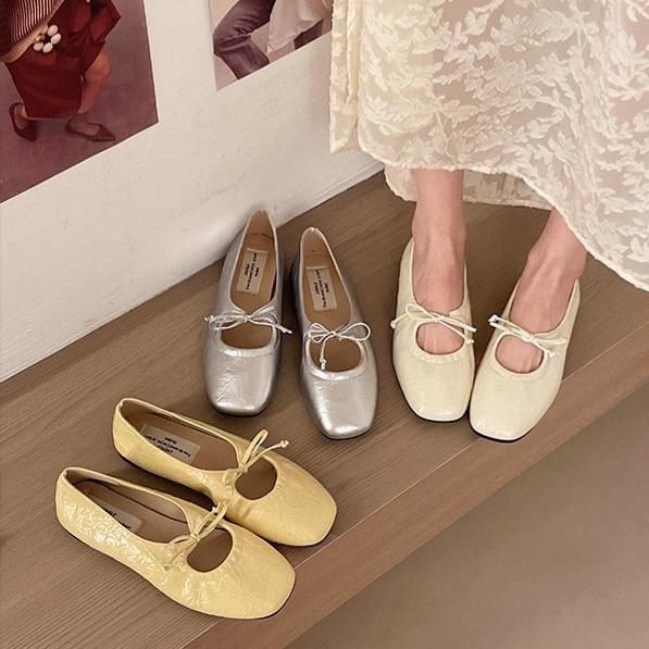 Women Minimalist T-Cut Tiny Front Bow Ballet Flats, Square Toe Hollow Cutout Wrinkled Soft Leather Ultra Flexible Foldable Comfy Slip On Casual Daily Travel Doll Ballerina Loafer Slippers Metallic