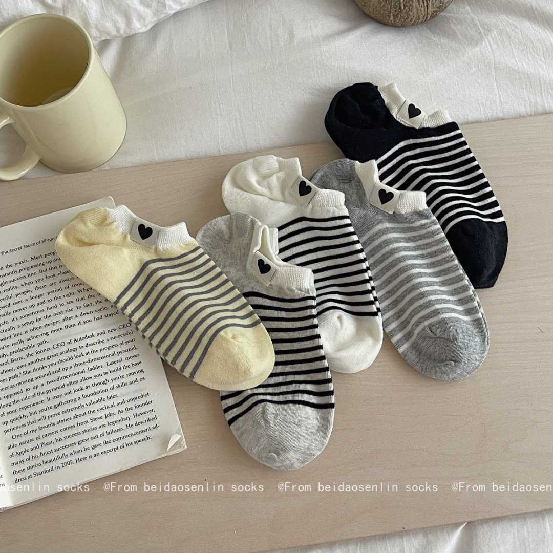 5pairs Spring And Summer New Ship Socks, Striped Socks, Children's Versatile, Large Heel, Women's Short Socks, Low Top, Shallow Mouth