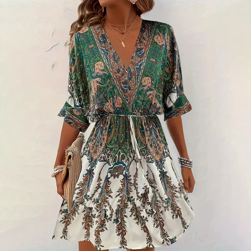 Women's Vintage Floral Butterfly Print Dress Batwing Sleeve, Deep V Neck & Ruffle Waist With Tie Detail Green - Shop at LoveMi