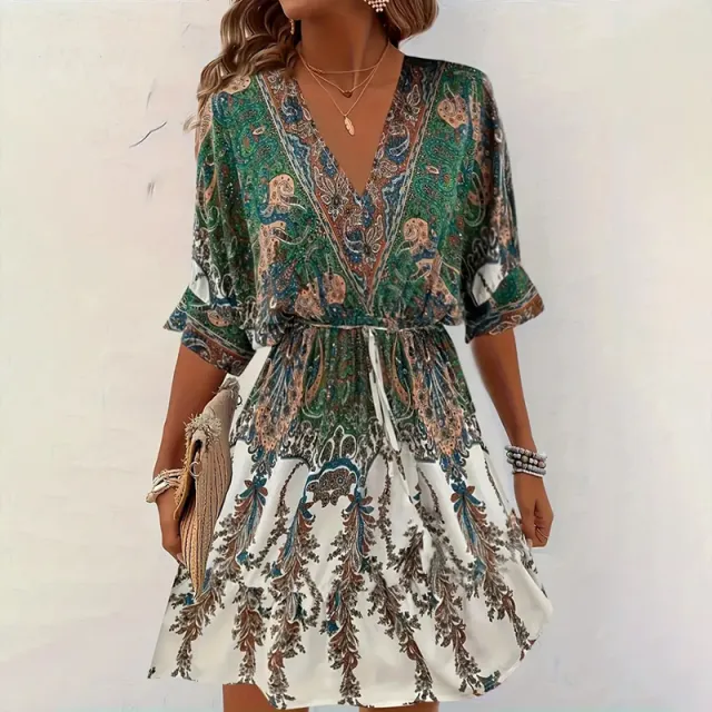 Women's Vintage Floral Butterfly Print Dress Batwing Sleeve, Deep V Neck & Ruffle Waist With Tie Detail Green - Shop at LoveMi