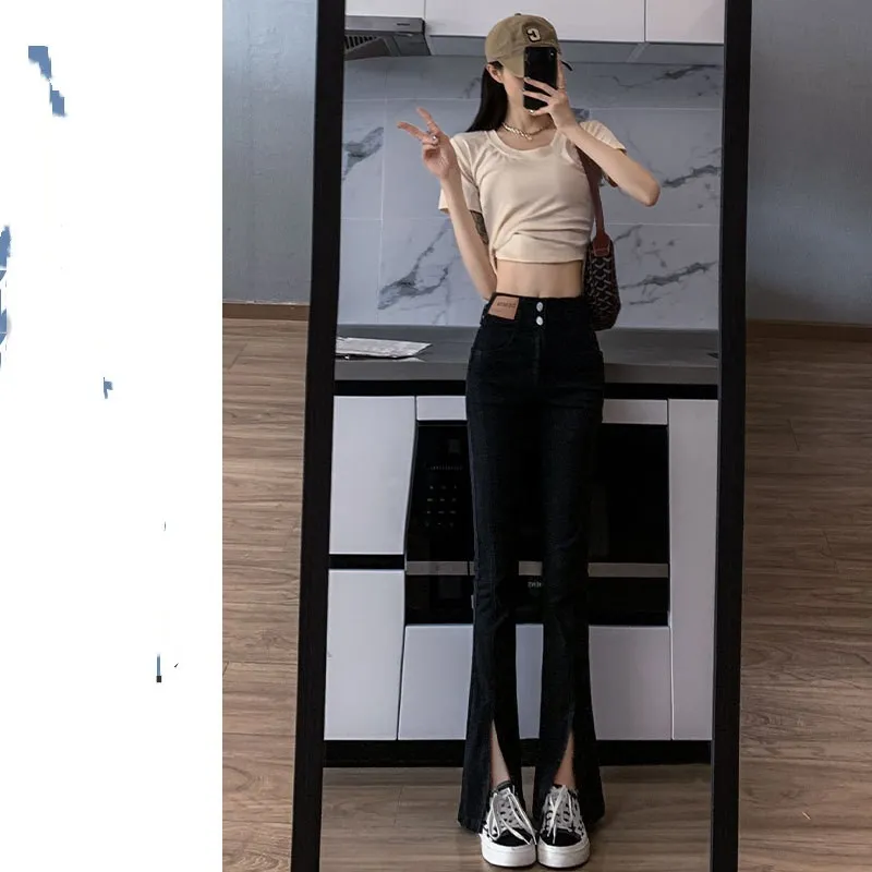 New Spring And Fall Straight High Waist Thin Wide Leg Slit Micro Flare Black - Black