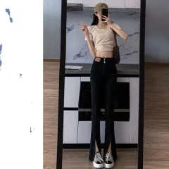 New Spring And Fall Straight High Waist Thin Wide Leg Slit Micro Flare Black - Black - View 1