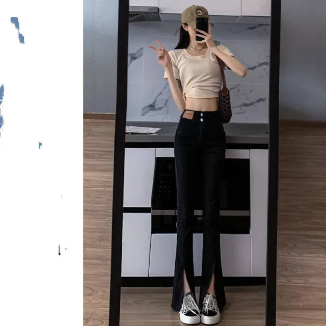 New Spring And Fall Straight High Waist Thin Wide Leg Slit Micro Flare Black Black - Shop at LoveMi