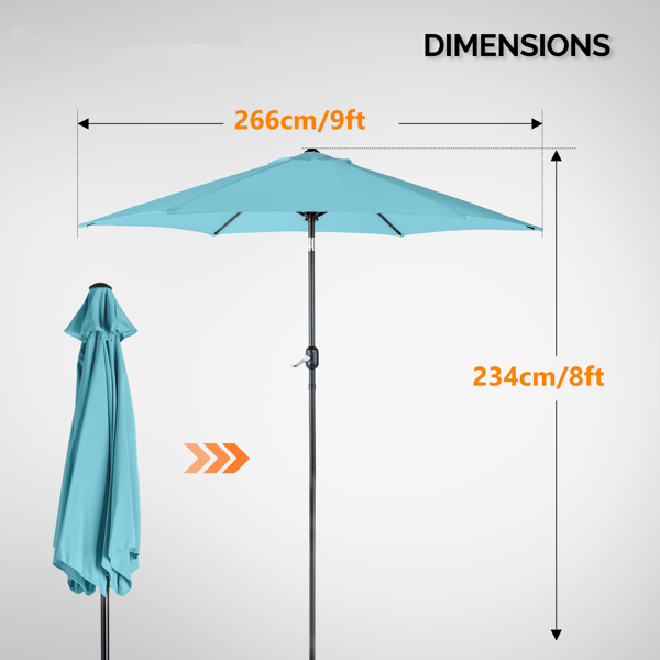 9ft Patio Umbrella, Outdoor Market Umbrella With Push Button Tilt, Crank Handle, 6 Sturdy Iron Ribs, UPF Waterproof Polyester Canopy, KD Design For Garden, Deck, Backyard, Poolside, Sky Blue - Image 13