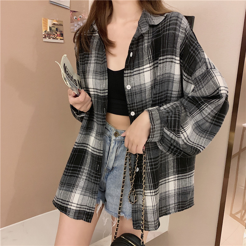 Title 15, Retro Loose Plaid Shirt Women