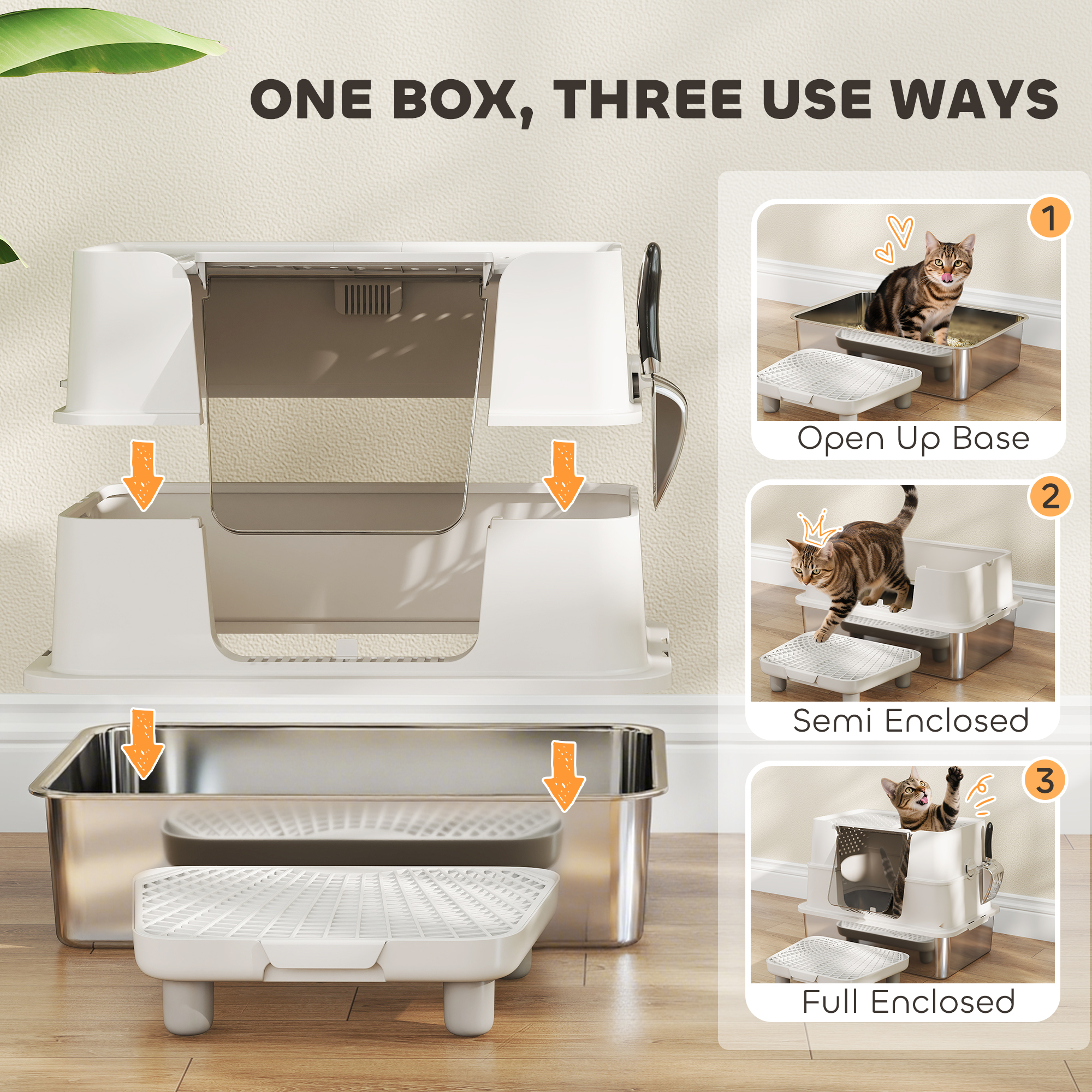 XL Stainless Steel Litter Box W  Flip Top, Scoop, Step, Top & Side Entry Enclosed Litter Box For Big Cats
