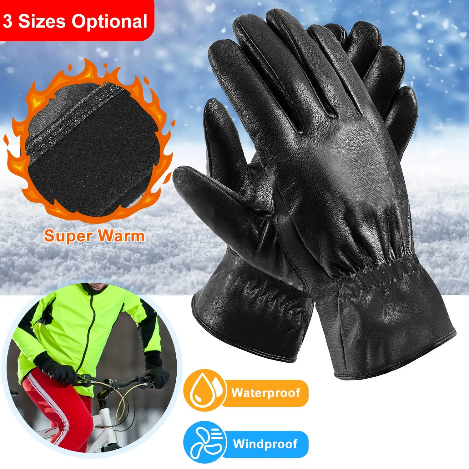 Unisex Black Leather Gloves Winter Warm Windproof