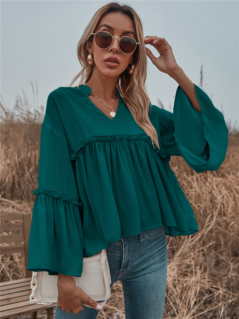 European And American Solid Color Trumpet Sleeve Chiffon Blouse
