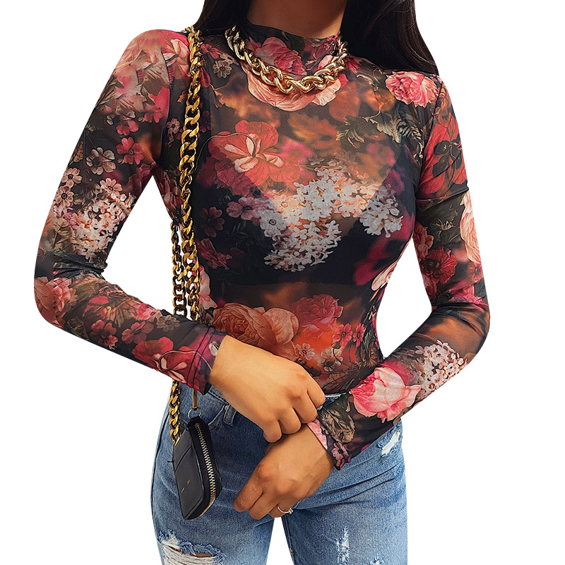 Title 9, Round Neck Long-sleeved Flower Printing Net Yar...