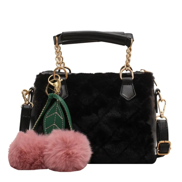 Metal Chain Plush Rhombus Tote Bag, Cherry Pendant Black - Shop at LoveMi