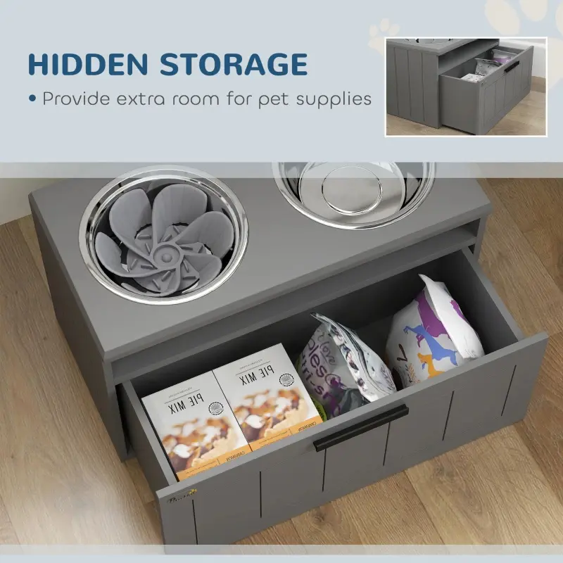 Elevated Dog Bowls, Large Breed Raised Dogs Bowl Stand With 2 Stainless Steel Bowls, Storage Drawer And Slow Feeder Mat