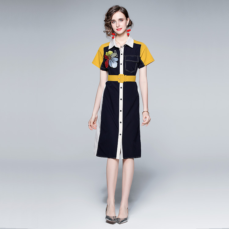 Printed Embroidery Lapel Short Sleeved Shirt Dress Picture Color M - Shop at LoveMi