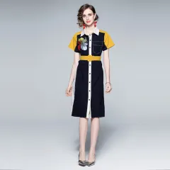 Printed Embroidery Lapel Short Sleeved Shirt Dress - Picture Colour-M - View 1