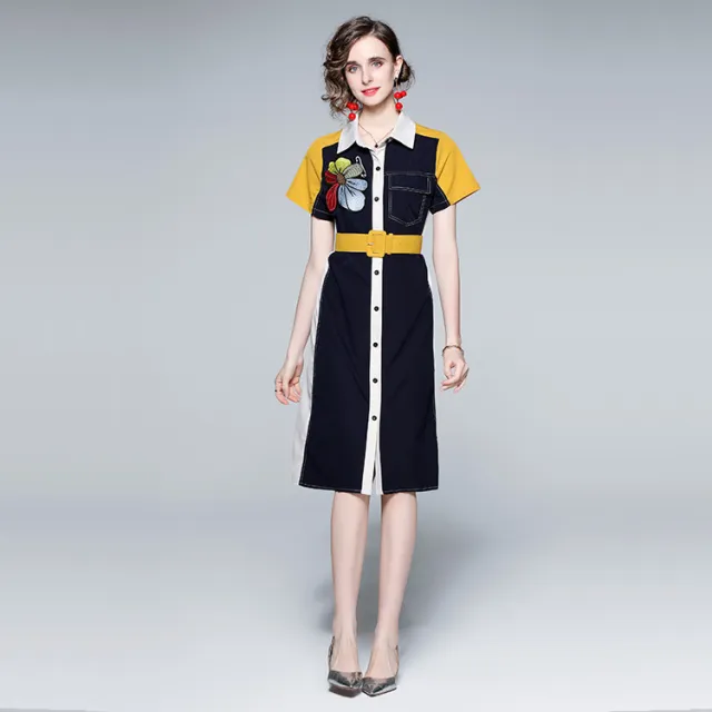 Printed Embroidery Lapel Short Sleeved Shirt Dress Picture Color M - Shop at LoveMi