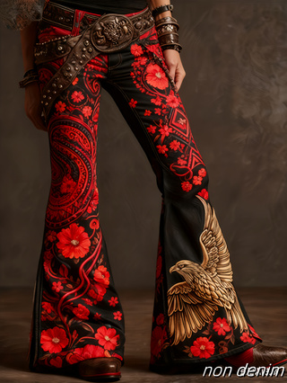 Ladies' Casual And Fashionable Retro Printed High-waisted Single-button Flared Pants, Comfortable Fake Jeans Can Modify 