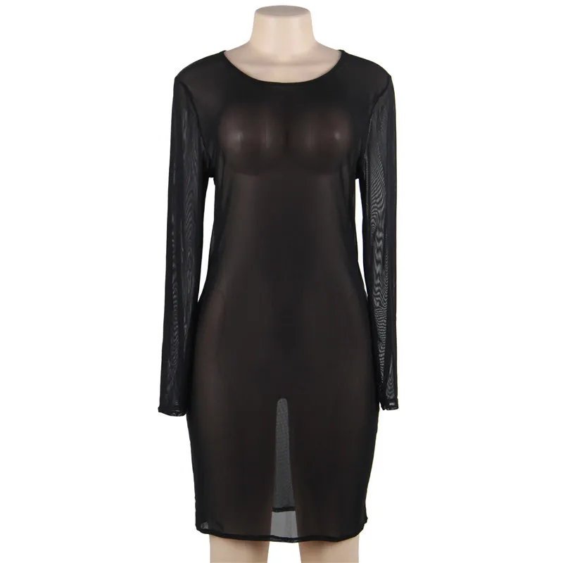 European And American Plus Size Sexy Lingerie Mesh Dress - Black