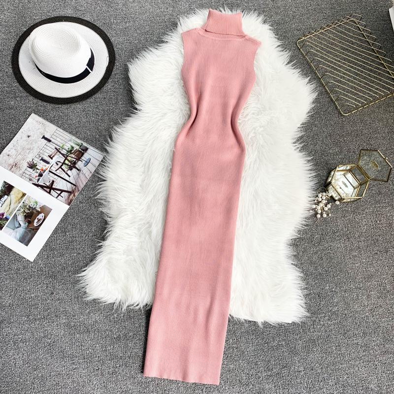 High Collar Sleeveless Retro Solid Color Waist Knit Dress