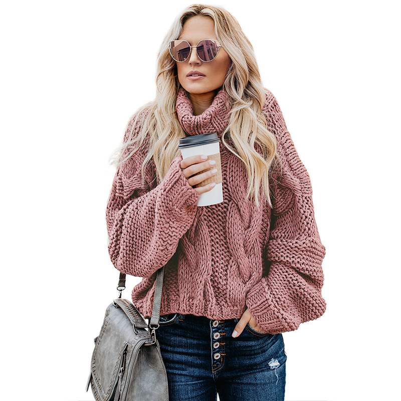 Autumn Winter Solid Color Long Sleeve Knitted High Neck Cotton Top For Women Pink - Shop at LoveMi