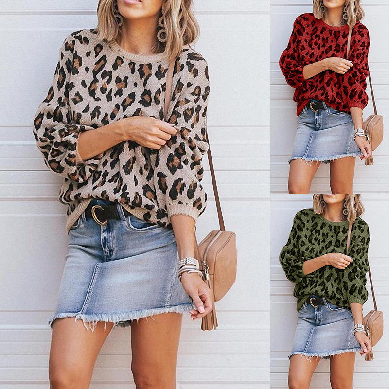Street Long Sleeve Lantern Sleeve Loose Leopard Print Knitted Sweater