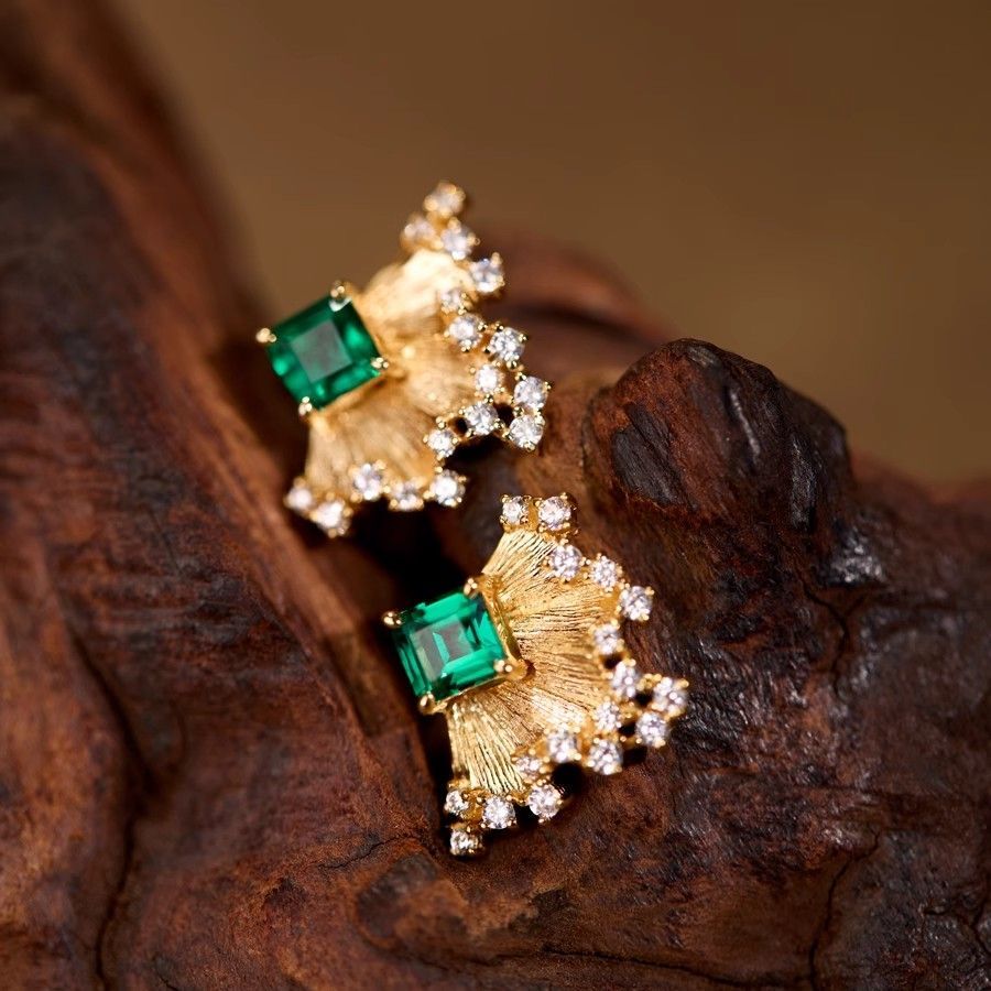 New Chinese Square Stud Earrings For Women, Emerald Rhinestone Fan Shape Drop Earrings, Retro Elegant Premium Delicate Ear Jewelry