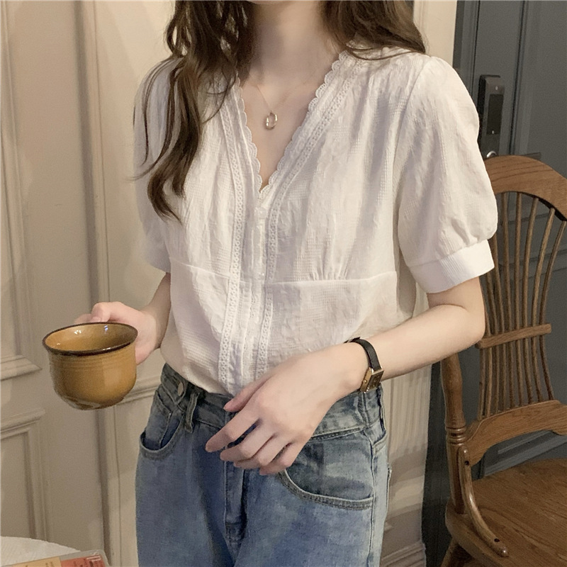 V-neck Lace Bubble Sleeve Shirt Female