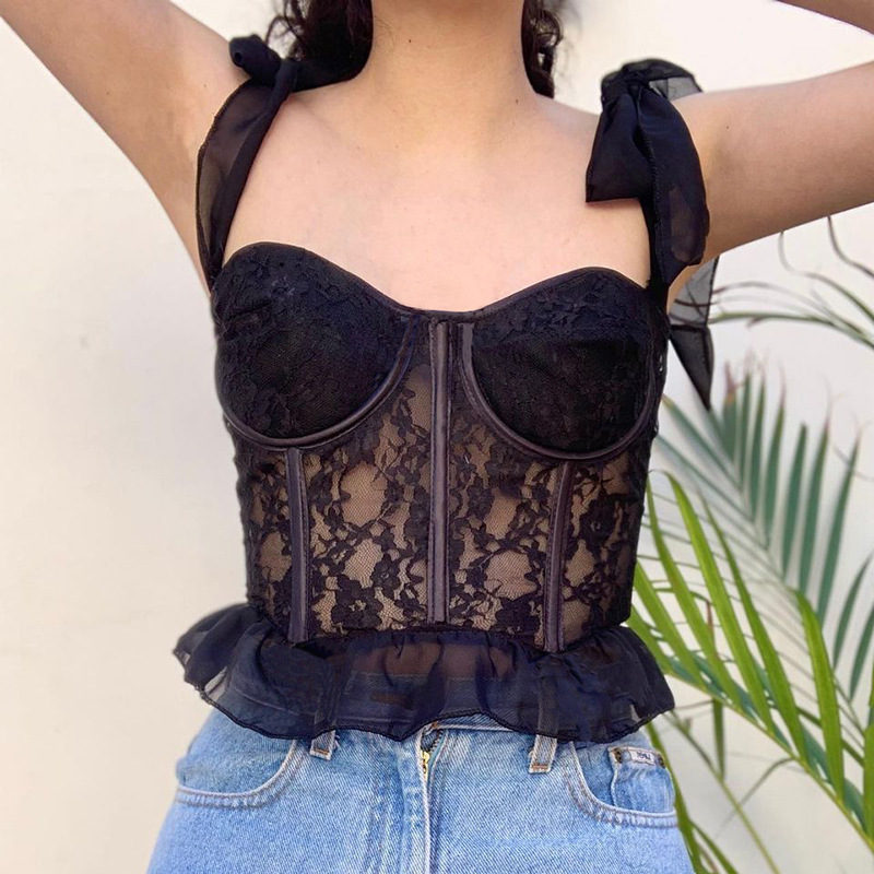 American Lace Strap Solid Color Chest Tank Top For Women