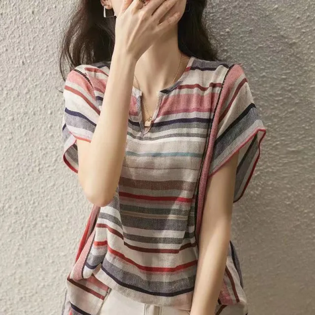 New Striped Shirt Women's Short Sleeve Loose Picture Color M - Shop at LoveMi