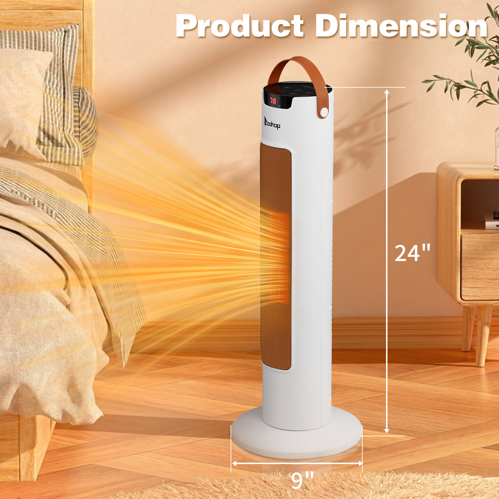 24Inch Tower Space Heater, 1500W Smart Electric Heater With Thermostat, WiFi APP & Remote Control, 60 Degrees Oscillation, 9H Timer, For Indoor Bedroom Office Home, White