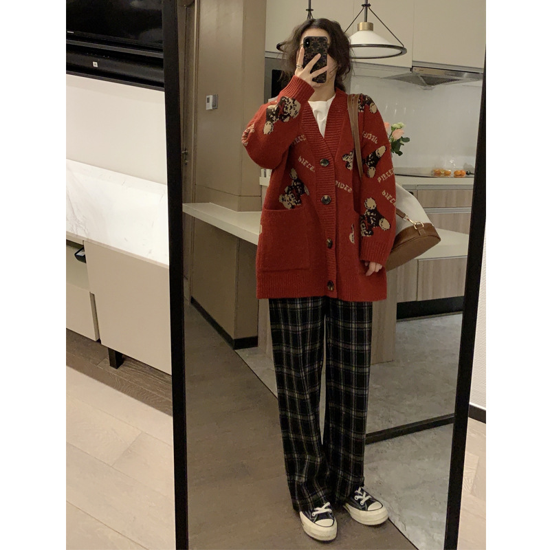 Nubuck Thickened Thin High-waist Elastic Straight-leg Plaid Casual Pants