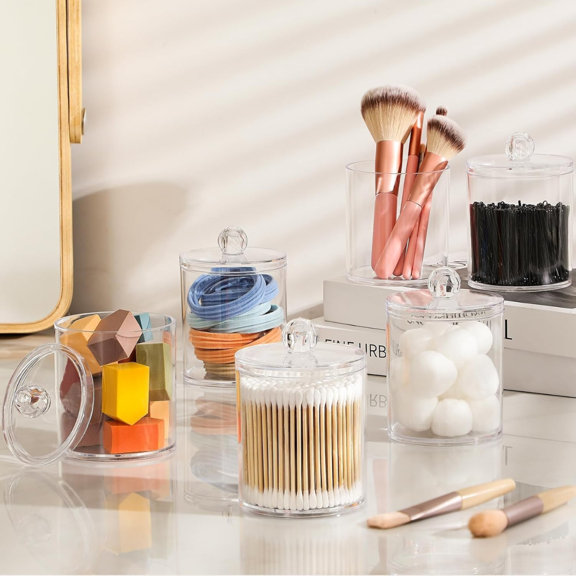 4 Pack Acrylic Qtip Holder Dispenser For Cotton Swabs, Balls, Pads, Floss Picks- Small Clear Acrylic Canister Apothecary Jar Set, Bathroom 2