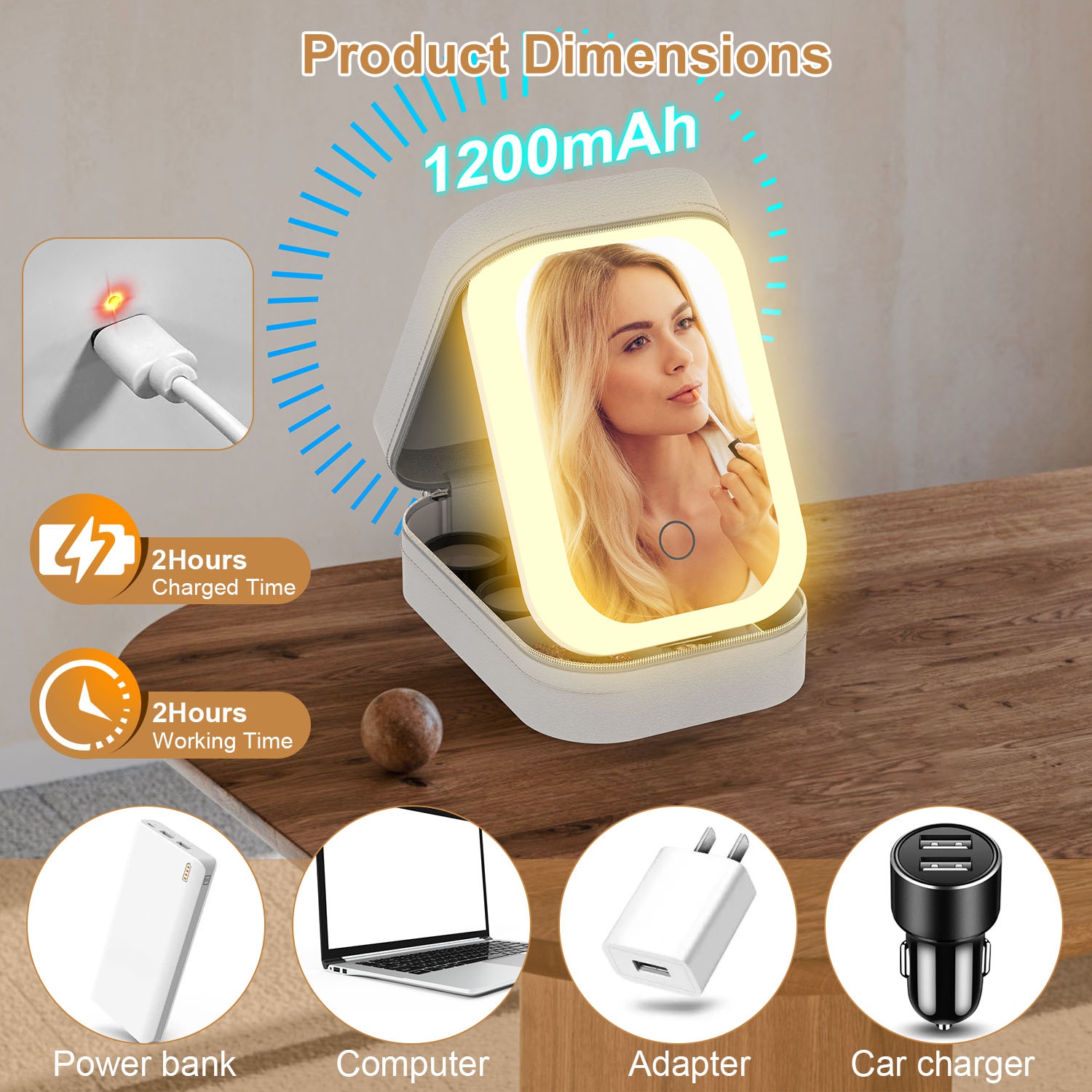1Pc Portable Travel Makeup Bag With LED Mirror Rechargeable Beauty Mirror With 3 Color Light Dimmable Brightness Waterproof Cosmetic Bag With 4 Compartments Ideal Gift For Women Valentines Day Gift — foto 11