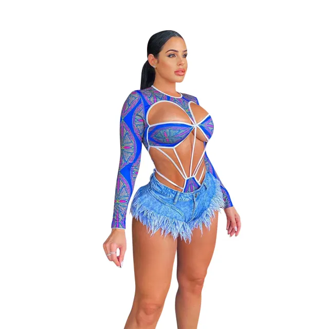 Sexy Hollow Digital Printed Long Sleeve Bodysuit Blue - Shop at LoveMi