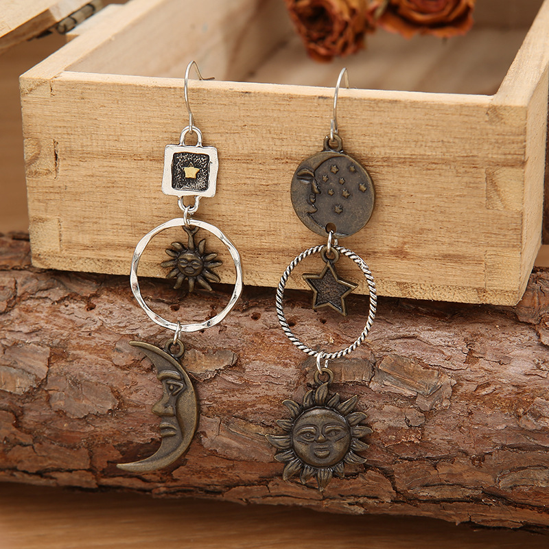 Vintage Pentagram Sun Moon Long Pendant Earrings Women's