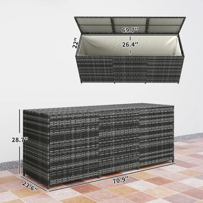 175 Gallon Outdoor Storage Box With Inner Liner, PE Rattan Wicker Deck Box With Pneumatic Bar Lift, Mixed Gray