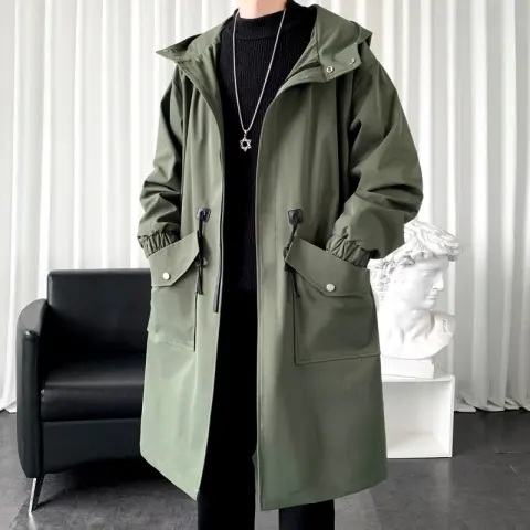 Men's New Windbreaker Long Hooded Big Pocket Jacket