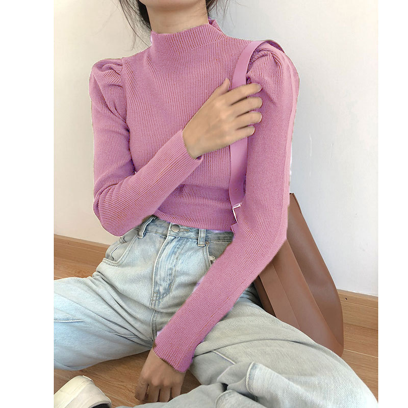 Title 7, Puff Sleeve Half High Neck Knitted Bottoming Shirt