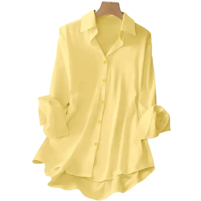 Plus Size Women's Casual Solid Color Lapel Long Sleeve Shirt Spring Autumn Comfort Full Button Office Blouse Yellow - Shop at LoveMi