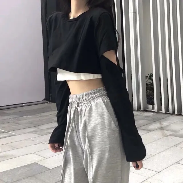 New Long Sleeve T shirt Women's High Waist Short Loose Fit White - Shop at LoveMi