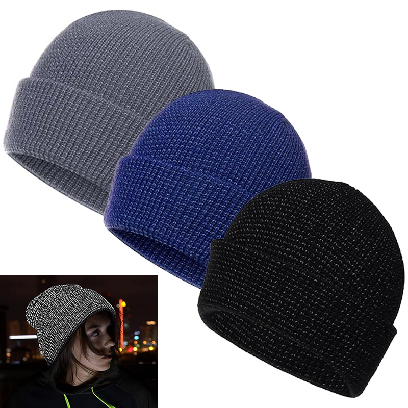 Winter windproof hat knitted reflective beanie hat thick