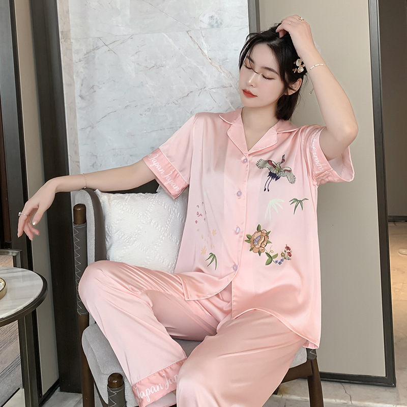 Title 2, Lapel Faux Silk Homewear Short Sleeve Pants Paj...