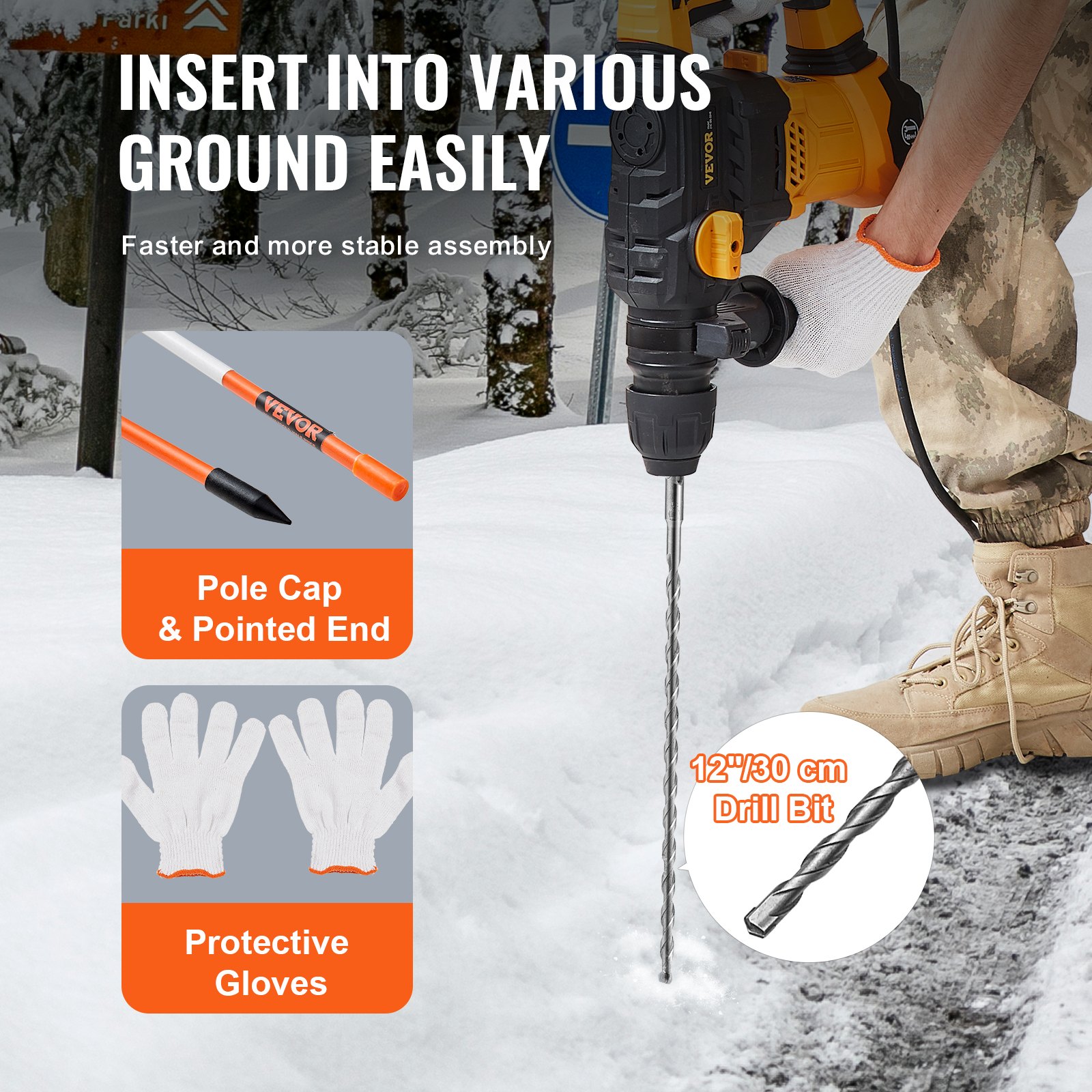 VEVOR Driveway Markers100PCS 48 Inch, 0.4 Inch Diameter, Orange Fiberglass Poles Snow Stakes With Reflective Tape, Steel Drill Bit & Protection Gloves For Parking Lots, Walkways Easy Visibility image 2