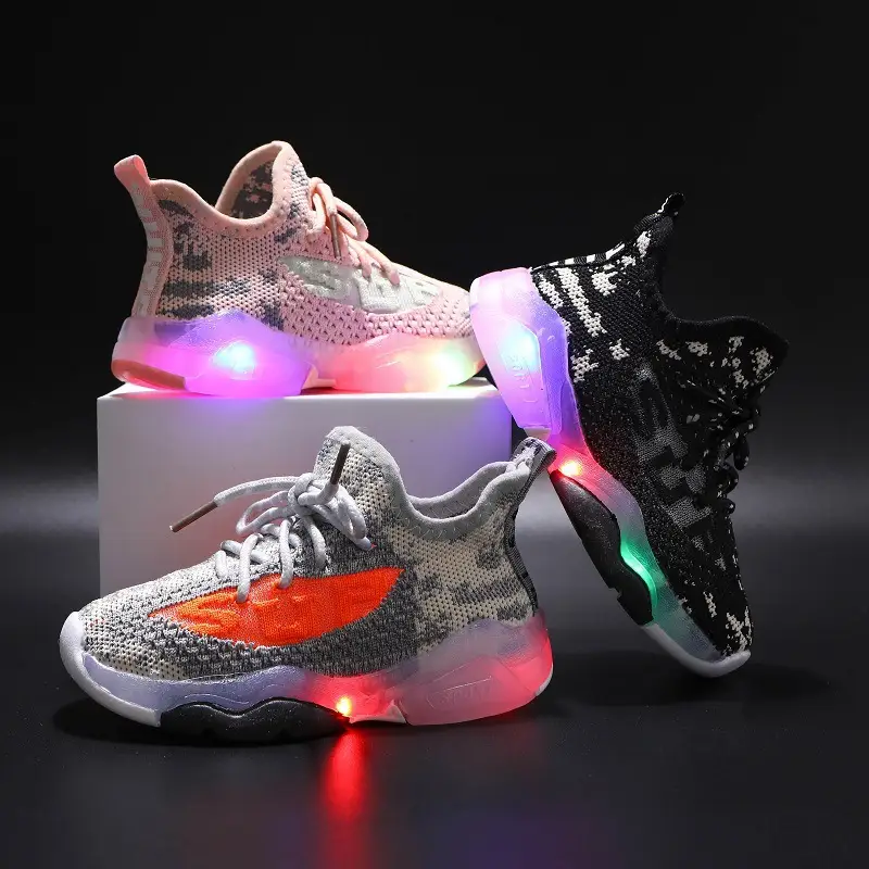 Flying Woven Mesh Shoes For Boys And Girls With Letter Luminous Shoes