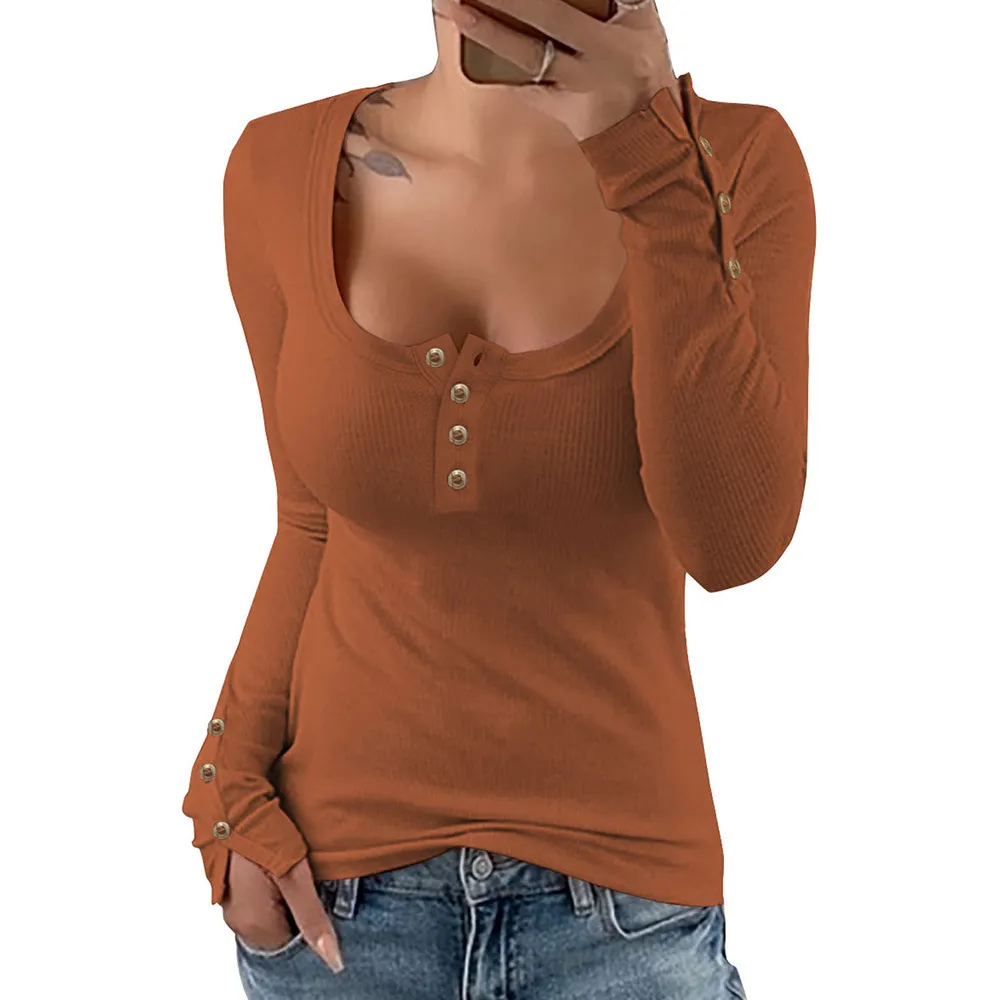 Solid Color Slim Square Neck Knitted T-shirt For Women - Lc2513783 Orange