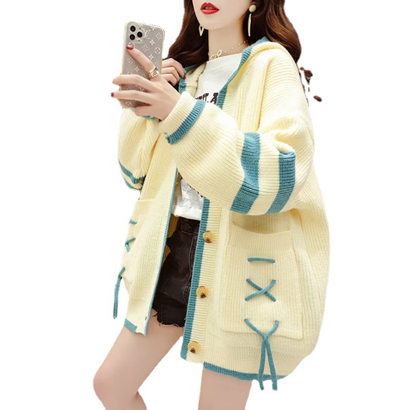 Women's Loose Hooded Sweater Coat French Retro Knit