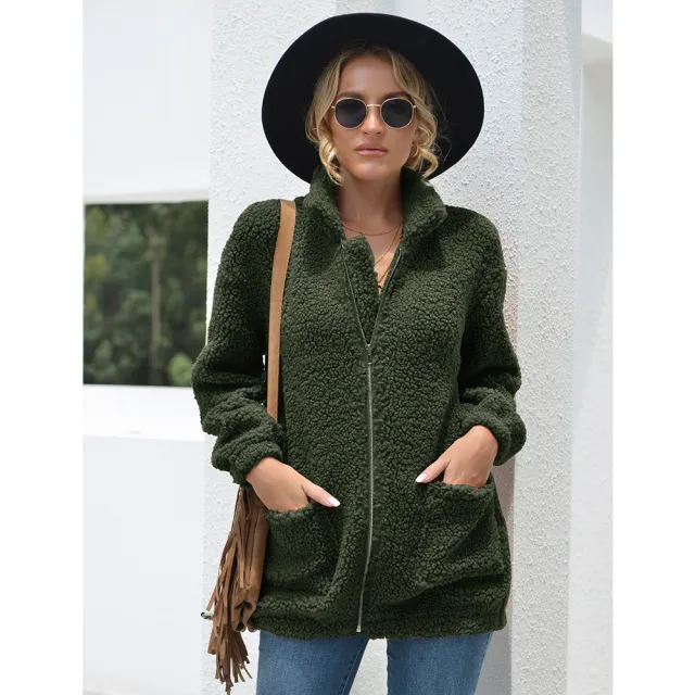 Warm Plush Jacket Women's Zipper Long Sleeve Army Green - Shop at LoveMi