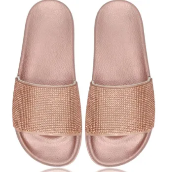 Women's Rhinestone Stand Independently Fashion Craft Flat Slippers - Rose