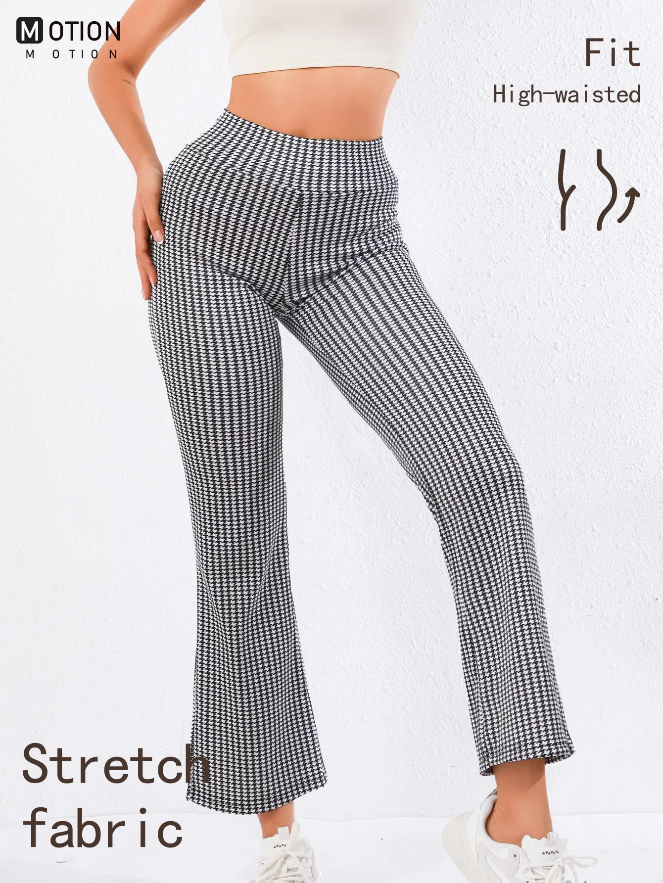 High Waisted Houndstooth Flare Trousers Sleek Fit, Comfy Stretch, Classy Look Black And White - Shop at LoveMi