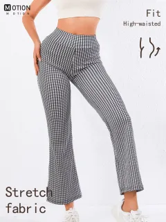 High-Waisted Houndstooth Flare Trousers Sleek Fit, Comfy Stretch, Classy Look - Black And White - View 1
